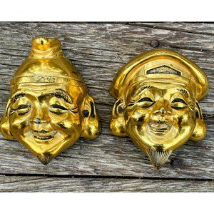 Vintage Gold Metal Asian Men Smiling Faces Wall Decor